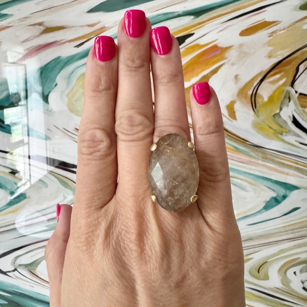 Vintage Rutilated Quartz Oval Statement Ring Gold Tone Cocktail Band Size 8